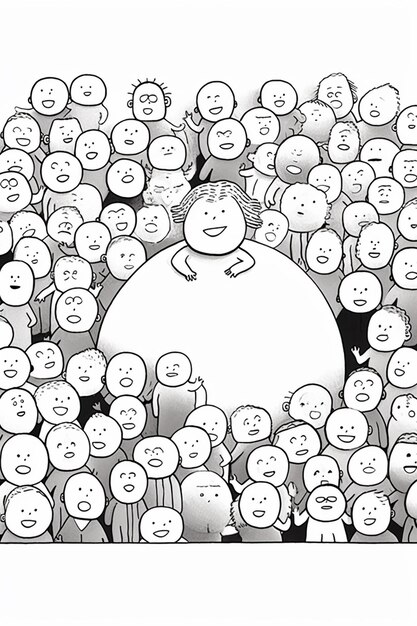 cartoon of a crowd of people with faces drawn in black and white generative ai