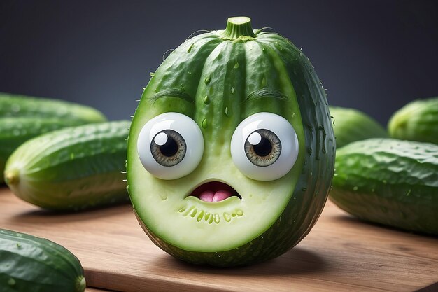 Cartoon cucumber with eyes and a sad expression on its face generative ai