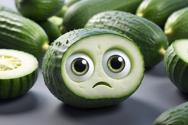 Cartoon cucumber with eyes and a sad expression on its face generative ai