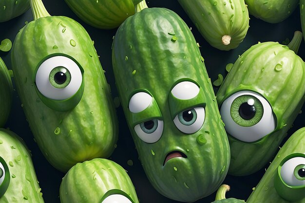 Cartoon cucumber with eyes and a sad expression on its face generative ai