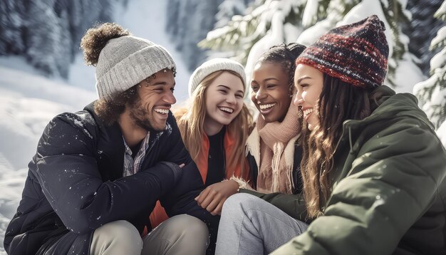 Cartoon culturele vrienden hebben plezier met het chatten met elkaar tegen de achtergrond van een winterbos