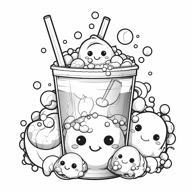 A cartoon of a cup of bubbles and a straw with the words bubble tea.