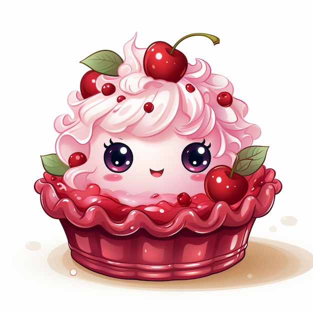 cartoon cupcake met kersen toppings en kersen in een roze cupcake generatieve ai