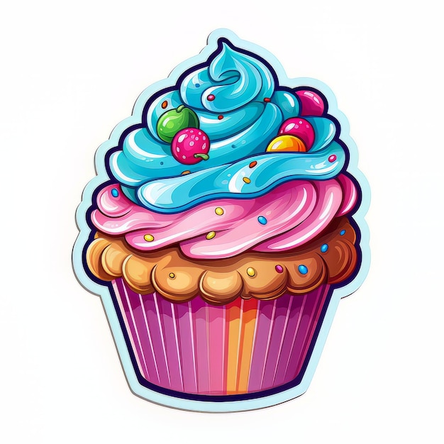 A cartoon of a cupcake with blue icing and sprinkles on it.