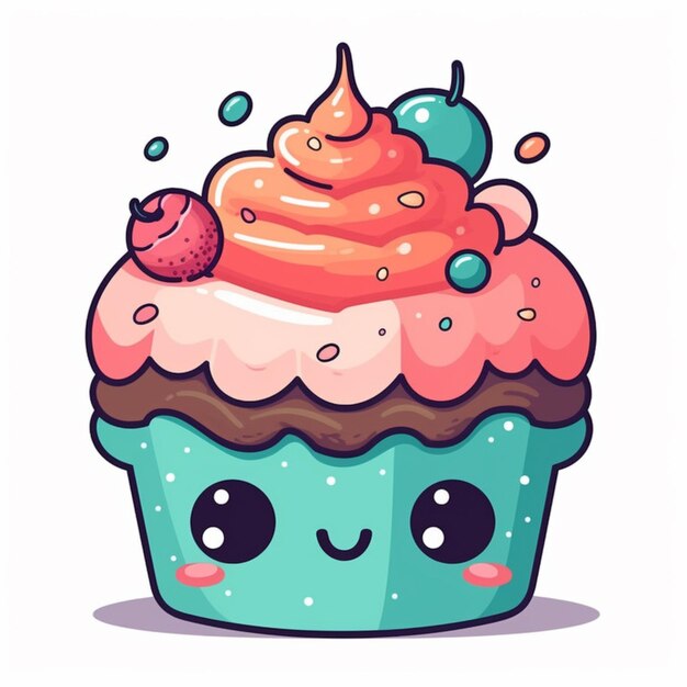 Photo cartoon cupcake with a cherry on top and a cherry on top generative ai