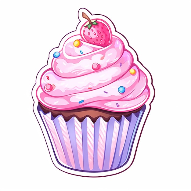 Cartoon cupcake with pink frosting and a cherry on top generative ai