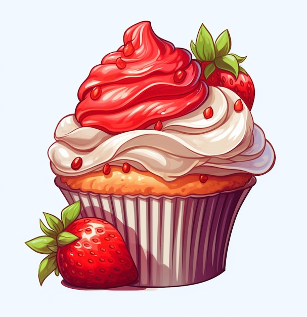 cartoon cupcake with strawberry cream and whipped cream and a strawberry generative ai