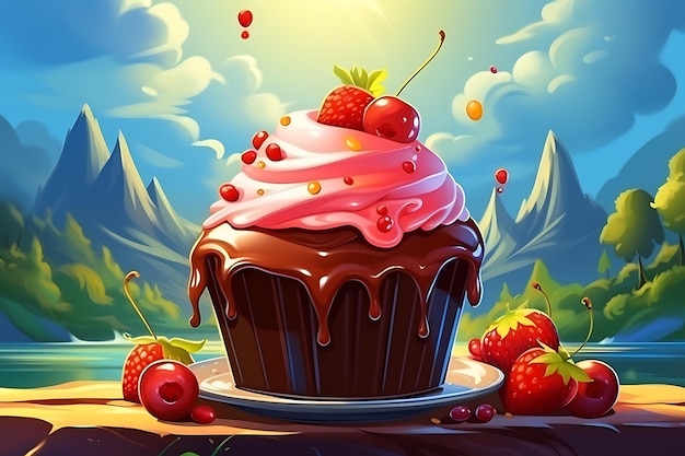 Photo cartoon cupcake with various topping delicious sweet dessert muffin with chocolate cream fruits