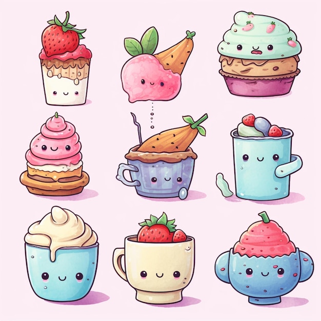 cartoon cupcakes en cupcakes met verschillende gezichten en toppings generatieve ai