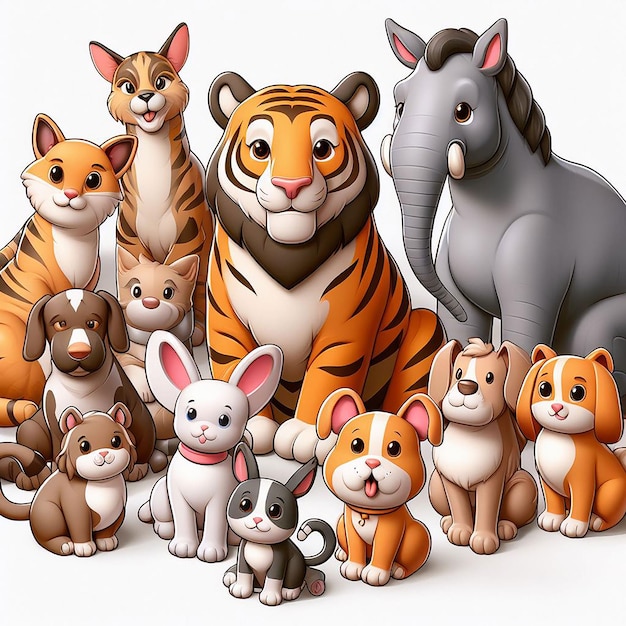 Foto set di animali cartoon carino 3d animali selvatici ai generati
