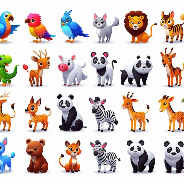 Photo cartoon cute animal set 3d wild animal ai generated