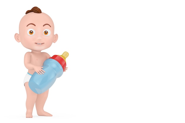 白い背景の上の赤ちゃんのミルクボトルと漫画かわいい男の子。 3Dレンダリング