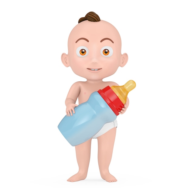 cartoon cute baby boy with baby milk bottle on a white background. 3d rendering