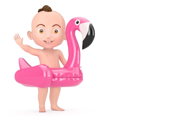 Cartoon carino baby boy con piscina estiva gonfiabile in gomma rosa fenicottero giocattolo su sfondo bianco. rendering 3d