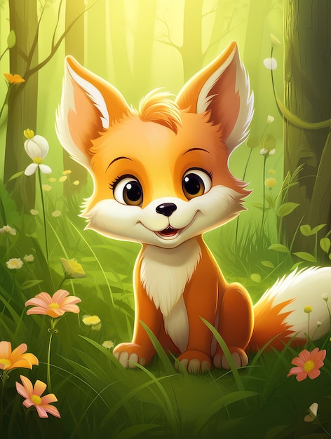 Cartoon cute baby fox in the summer forest