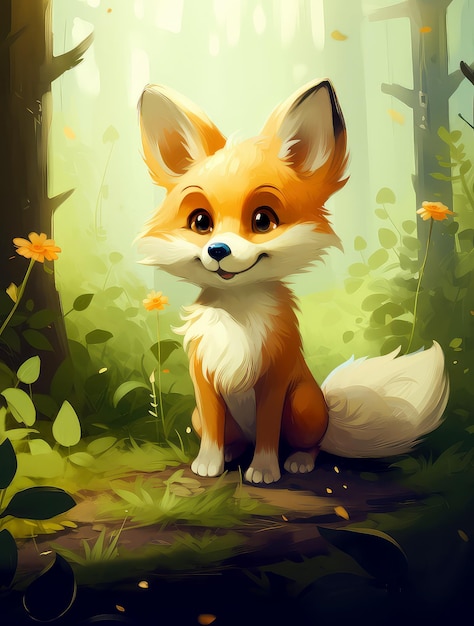 Cartoon cute baby fox in the summer forest