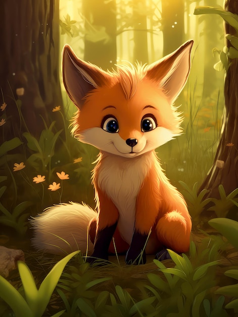 Cartoon cute baby fox in the summer forest