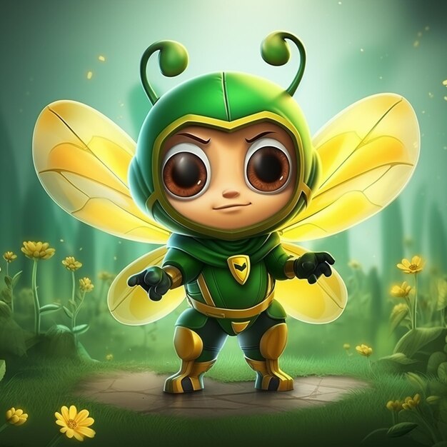 Cartoon cute bee with superhero costume ready