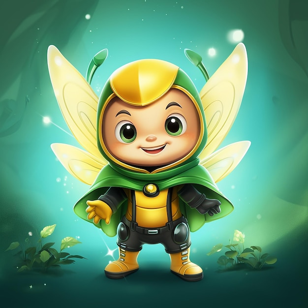 Cartoon cute bee with superhero costume ready