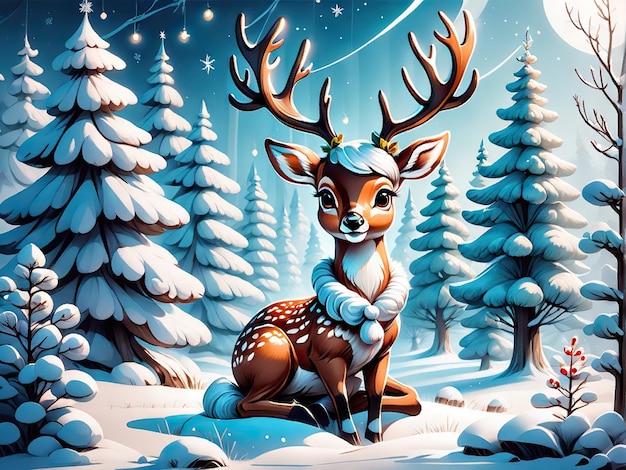 漫画かわいいクリスマスのトナカイの森で幸せな鹿