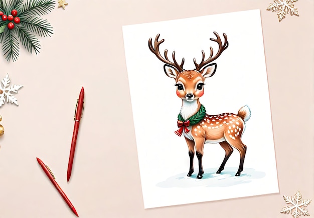 Cartoon cute christmas reindeer illustration on winter background