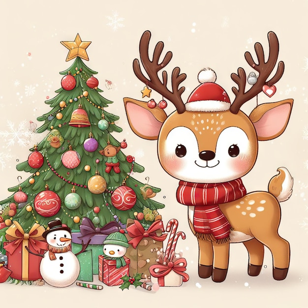 Cartoon cute christmas reindeer illustration on winter background