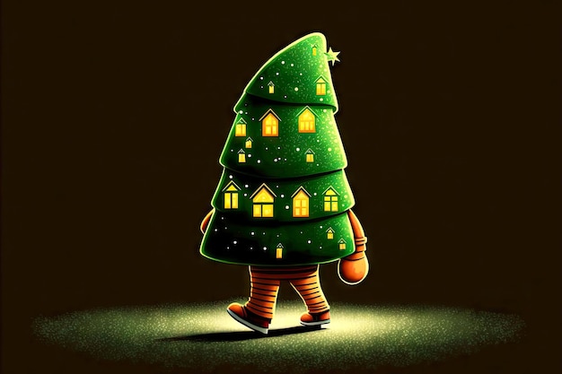 Cartoon cute christmas tree character walking in town against black background