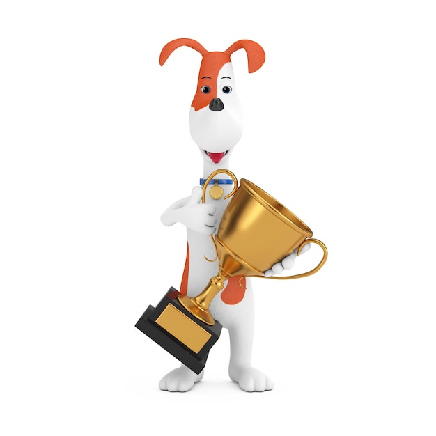 Cartoon Cute Dog Holding Golden Award Trophy 3d Rendering