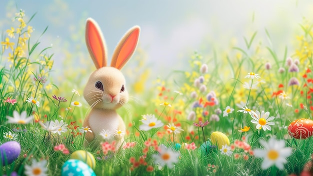 Cartoon of cute Easter bunny in spring in a field of flowers and Easter eggs