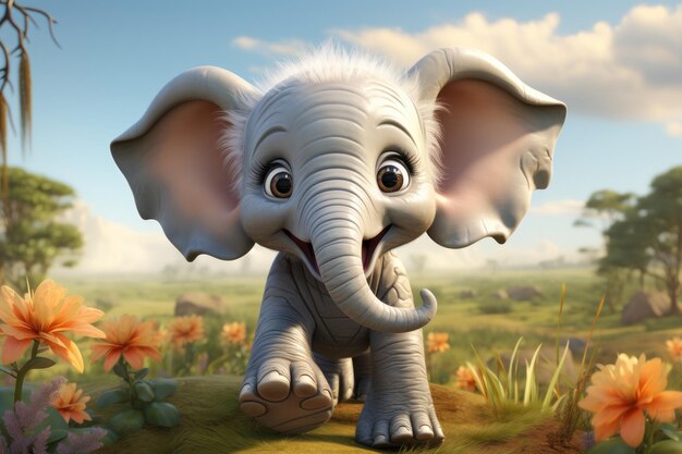 Cartoon cute elephant in summer day Illustration AI Generative