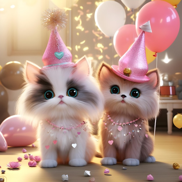 Photo cartoon cute fluffy cat and dog in party generative ai illustration