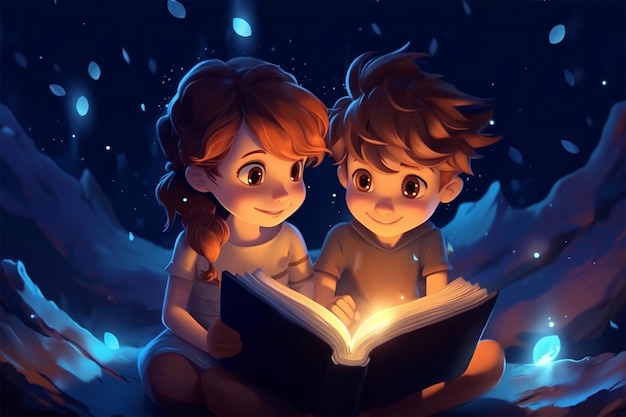 cartoon cute girl and boy reading a fairytale magic book under the magical night sky extreme closeup