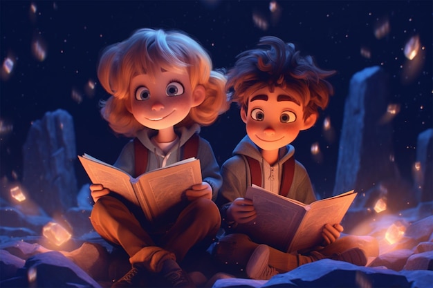 cartoon cute girl and boy reading a fairytale magic book under the magical night sky extreme closeup