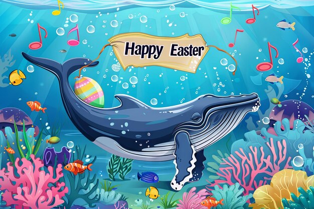 a cartoon cute humpback whale holding a giant easter egg with his fins a sign reading Happy Easter over festive easter background on the bottom of the ocean between corals and fishes