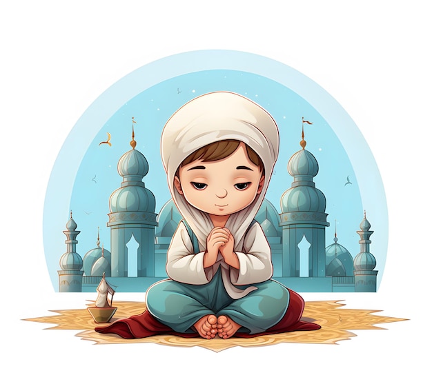 Photo cartoon of cute muslim kids boy and girl