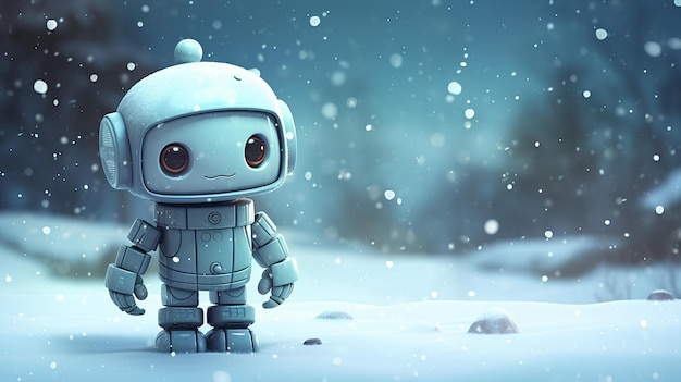 Cartoon cute robot in winter and snow