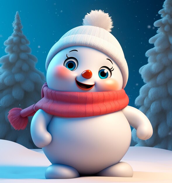 Foto cartone animato di un carino pupazzo di neve con cappello e sciarpa
