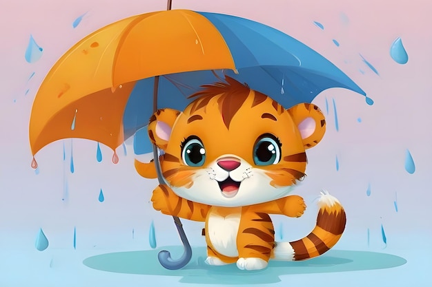 写真 雨の日に傘を持って遊んで笑う可愛い虎の子