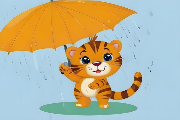 Cartoon cute tiger cub plays and smiles while holding an umbrella on a rainy day