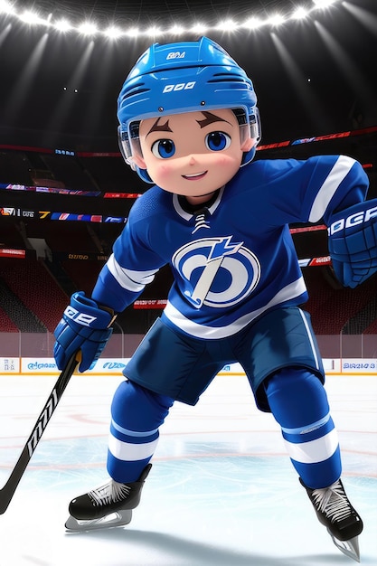 Cartoon cute young hockey player in stadium background Generative AI