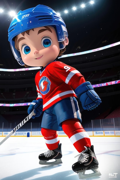 Cartoon cute young hockey player in stadium background Generative AI