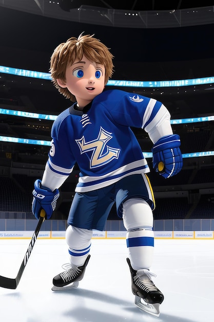 Cartoon cute young hockey player in stadium background Generative AI