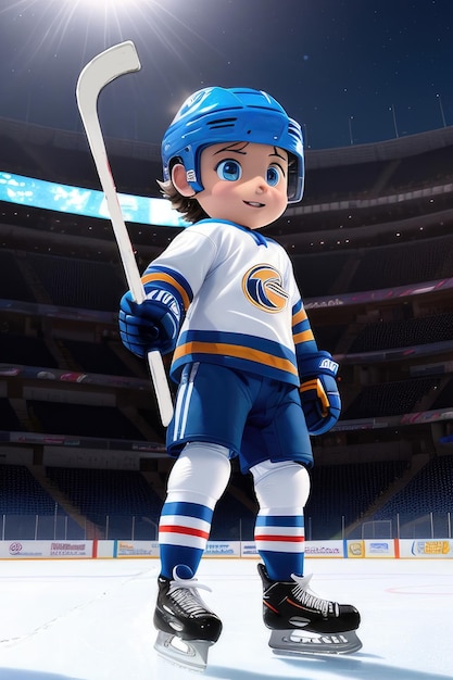 Cartoon cute young hockey player in stadium background Generative AI