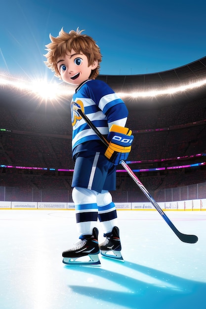 Cartoon cute young hockey player in stadium background Generative AI