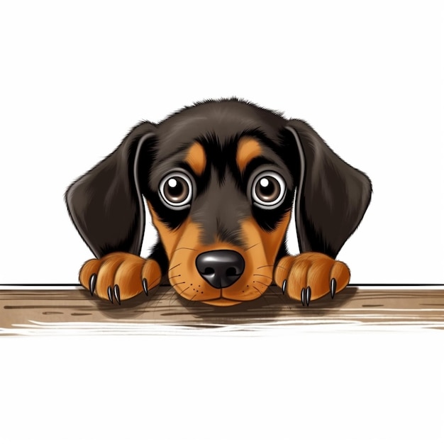 Foto cartone animato cane dachshund sbirciando su una recinzione di legno con la testa sul bordo generativo ai