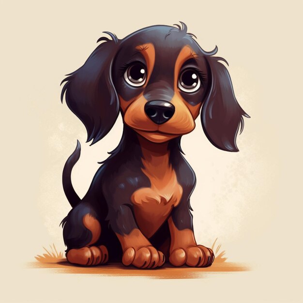 cartoon dachshund puppy sitting on the ground with a sad look on his face generative ai