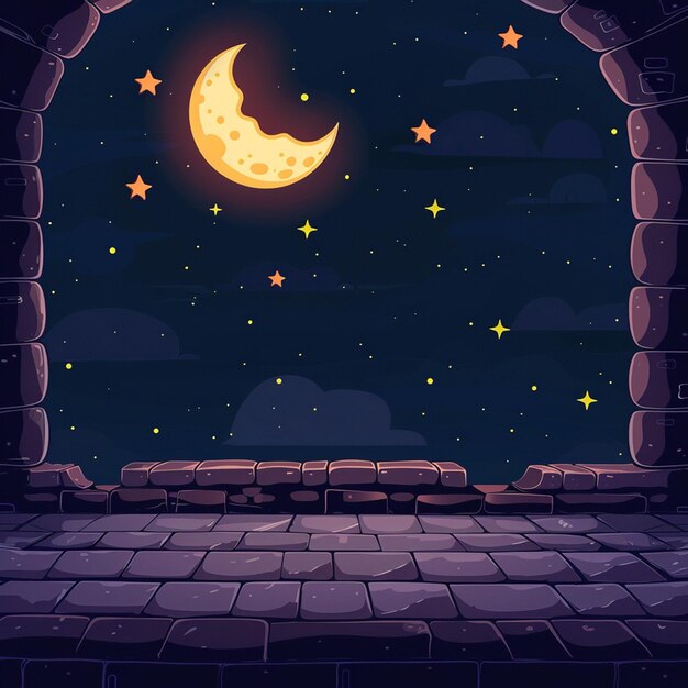 Photo cartoon dark wall with stars and an half moon