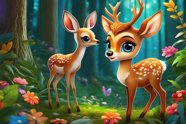 Cartoon Deer In A Forest Landscape Background ai generated