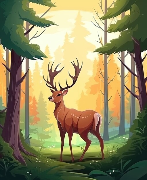 Cartoon deer in the forest among the trees Selective soft focus