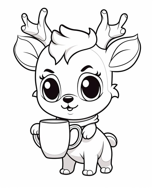 Photo a cartoon deer holding a cup of coffee with antlers on its head generative ai